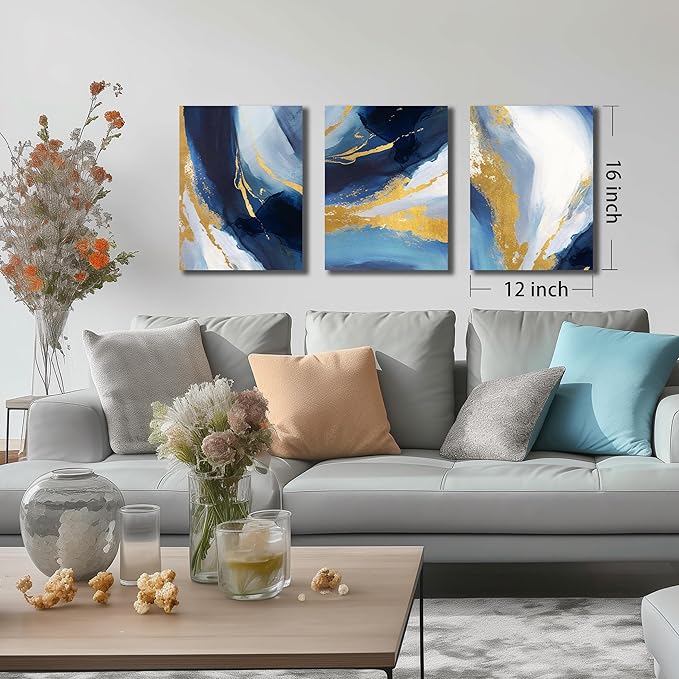 DNIEOTU Abstract Wall Art for Living Room, Blue White and Gold Canvas Wall-Decor for Bedroom, Picture Prints, Size 12 x 16 Inches 3-Pieces
