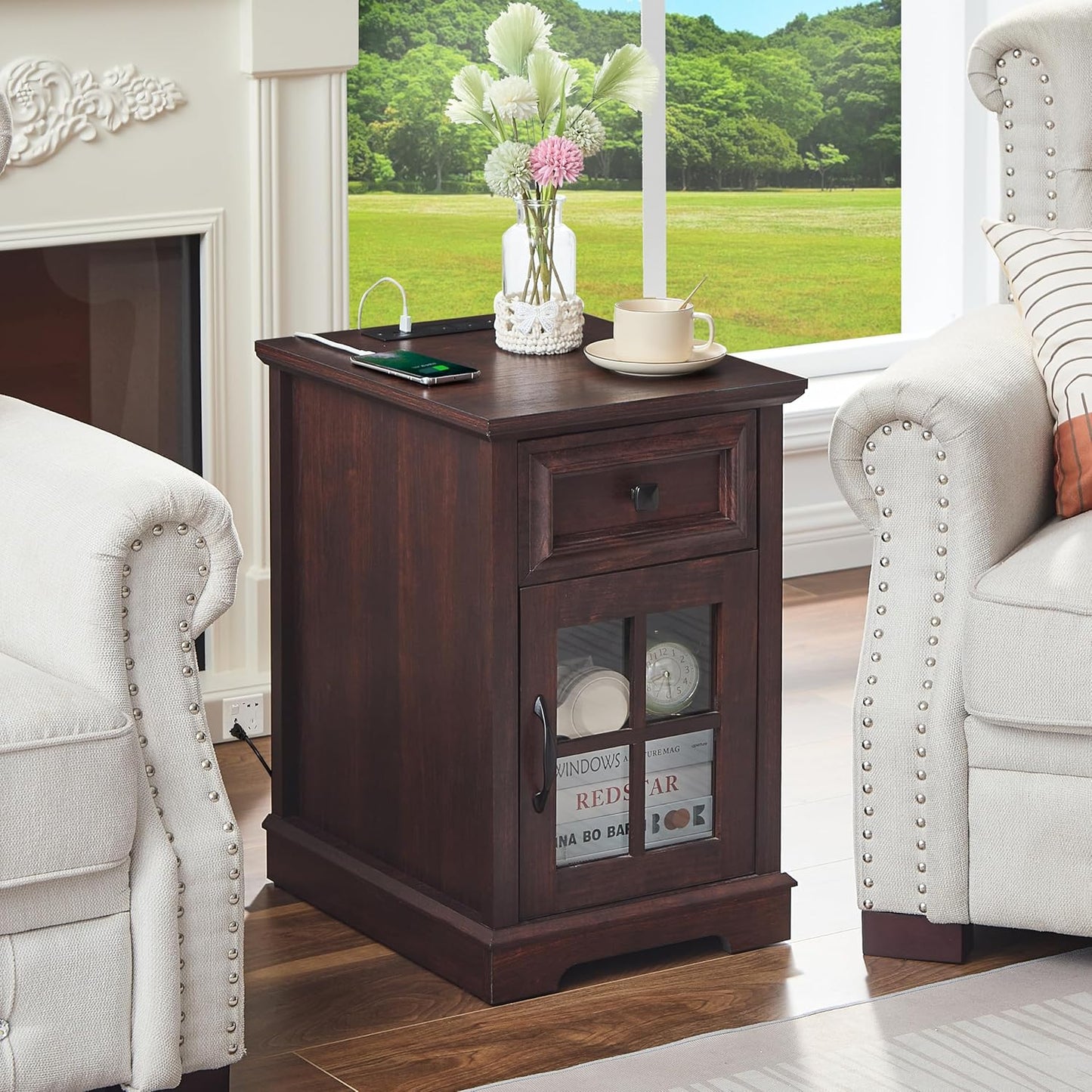 Farmhouse XXL End Table with Charging Station, Side Table with USB Ports and Outlets, Nightstand with Drawer and Glass Door Storage, Cherry Bedside Tables for Living Room, Bedroom, Office