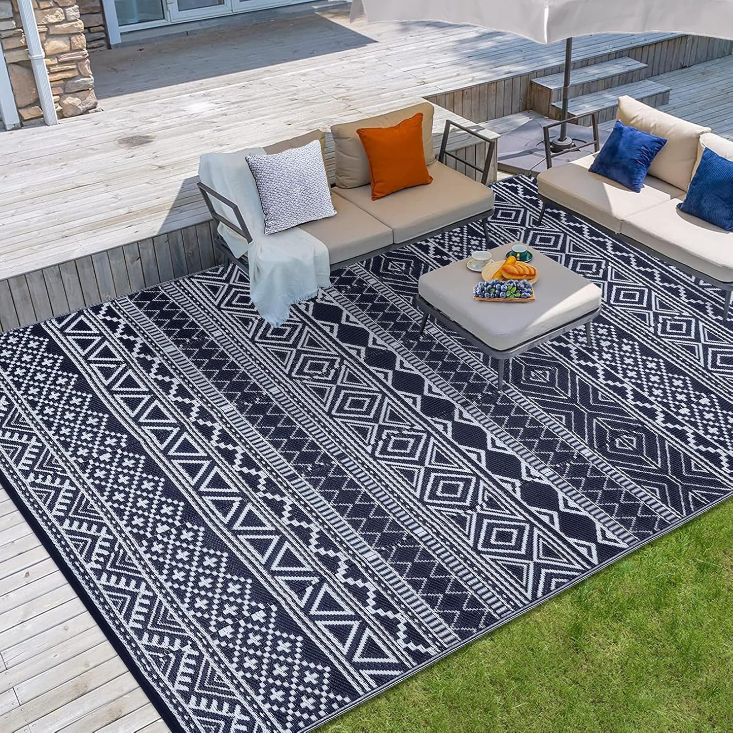 GAOMON Outdoor Rugs Patio Camping Waterproof Rug 6'x9' Plastic Straw Patio Rug Portable for Campers, Outside RVs Mat for Patios Clearance, Backyard Porch, Balcony, Dark Blue/White(Bohemia)