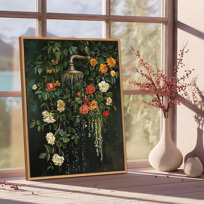 Floating Framed Floral Shower Wall Art, Vintage Botanical Flower Canvas Print, Romantic Garden Roses and Waterfall Painting, Nature Inspired Bathroom Wall Decor for Home Living Room 12x16 inch