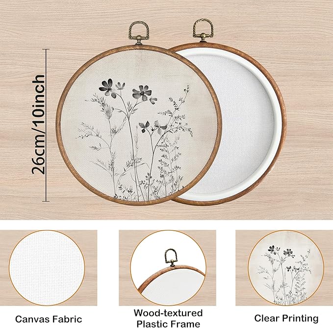 KSDUT Vintage Boho Mid Century Black Flower Floral Wall Decor Art - Botanical Neutral Wall Art Canvas Frame Hanging Prints, Retro Landscape Wildflower Round Wall Art Decor for Home Decorations 10"x10"