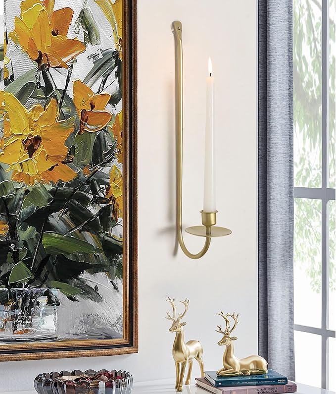 Wall Candle Holders Set of 2 Handcrafted Wrought Iron Sconces with Gold Finish, Easy to Install Modern Candle Holders for Living Room, Bedroom, Hallway, Wedding or Holiday Decor