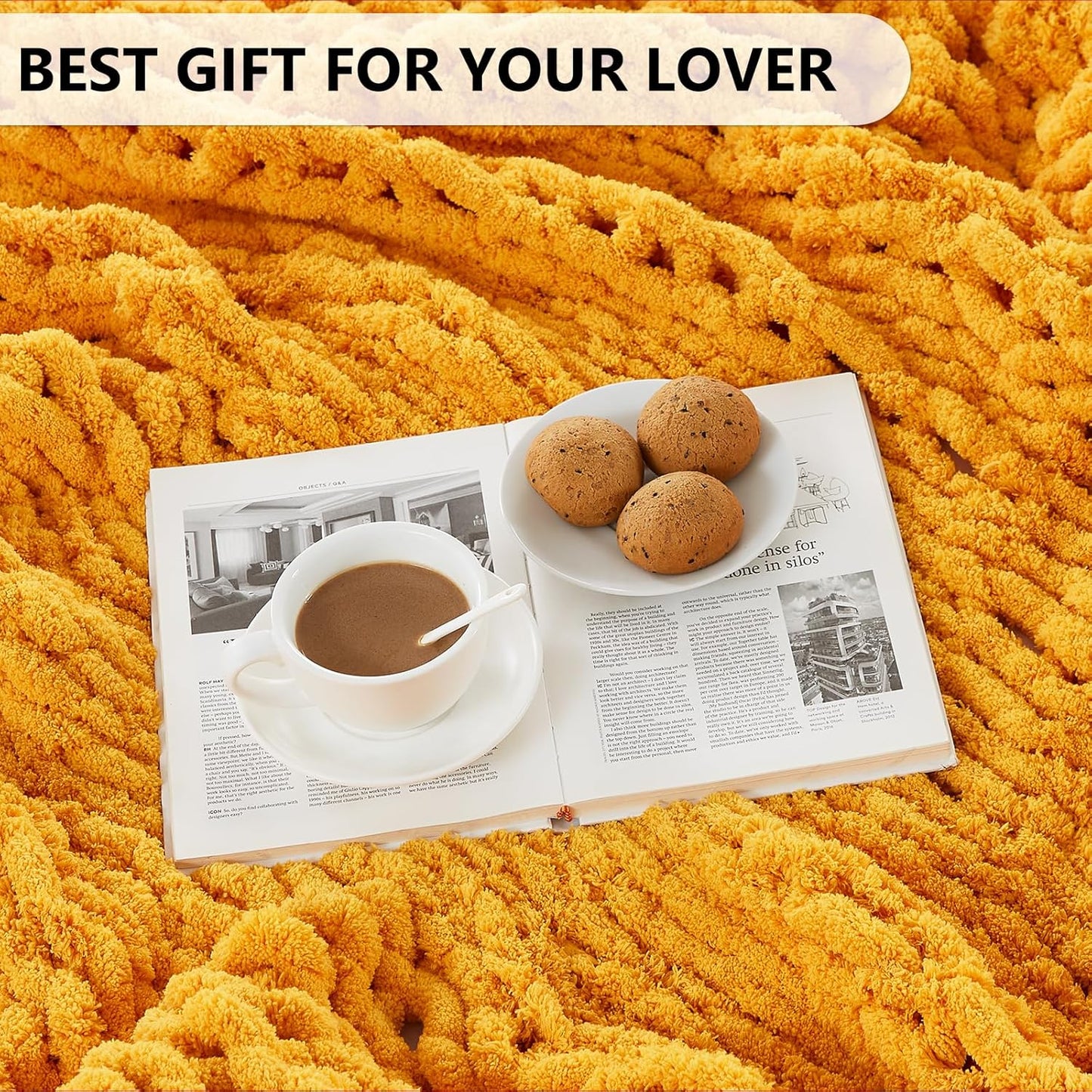 L'AGRATY Chunky Knit Blanket Throw: 72''x84'' Chenille Chunky Knitted Throw Blanket for Bed Couch - Handmade Thick Big Cable Knit Blanket - Large Chunky Crochet Rope Blanket for Home Decor(Yellow)