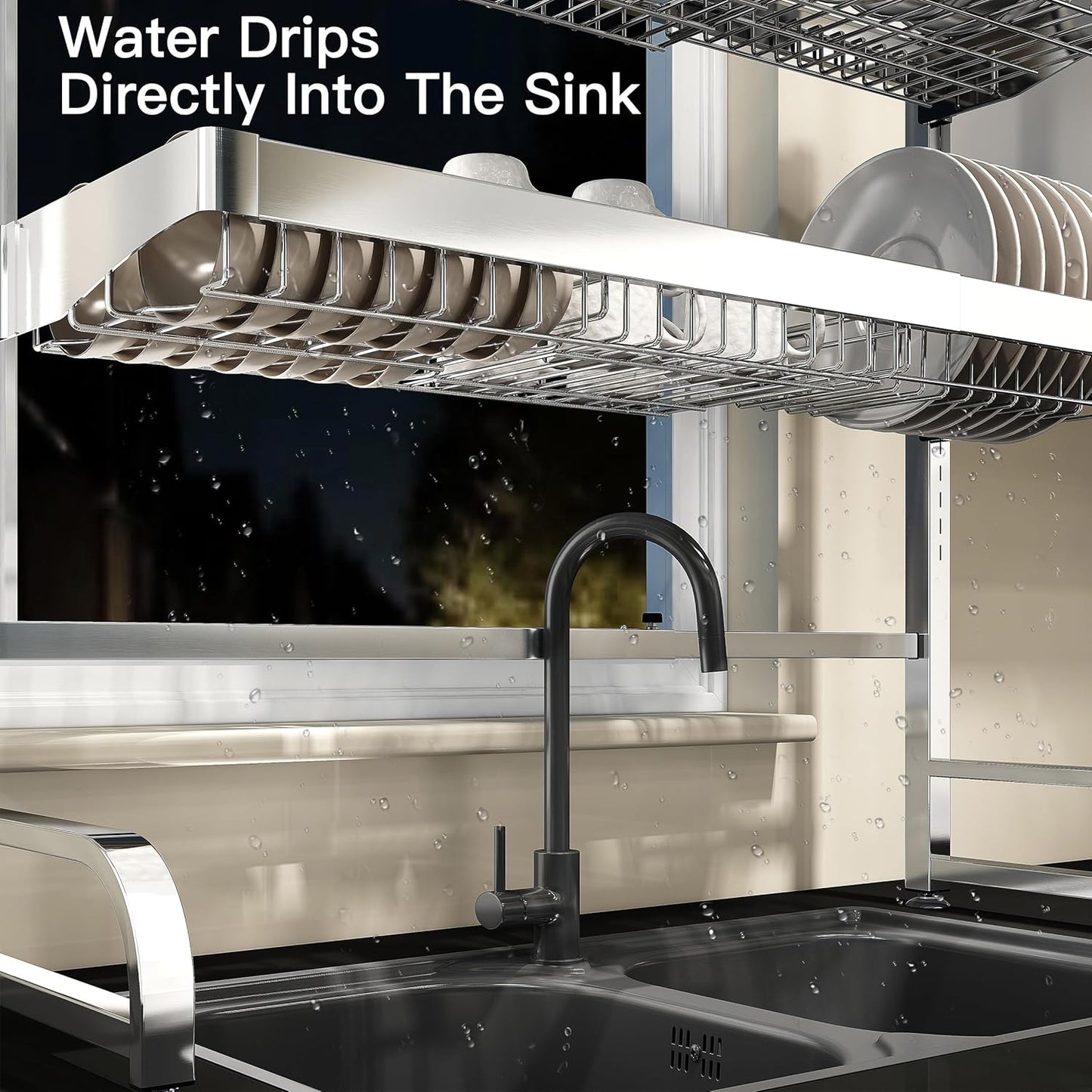 3 Tier Extra Large Stainless Steel Expandable Over The Sink Dish Drainer Drying Rack, Rust Proof Metal, Space Saving, Modern Silver Big Capacity Extendable Plate Strainers Above Kitchen Counter