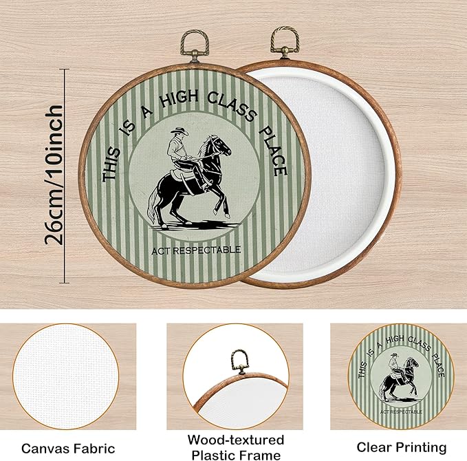 KSDUT Western Cowboy Wall Art Decor - Green Preppy Trendy Southwestern Wall Art Canvas Frame Hanging Prints, Foyer Entryway Modern Round Wall Decor for Home Dorm Decorations 10"x10"