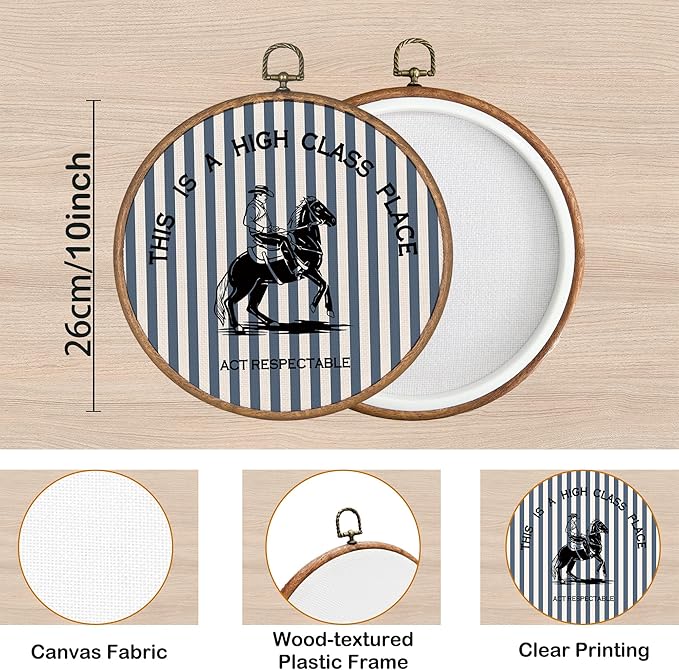 KSDUT Western Cowboy Wall Art Decor - Blue Stripe Preppy Trendy Southwestern Wall Art Canvas Frame Hanging Prints, Foyer Entryway Modern Round Wall Decor for Home Dorm Decorations 10"x10"