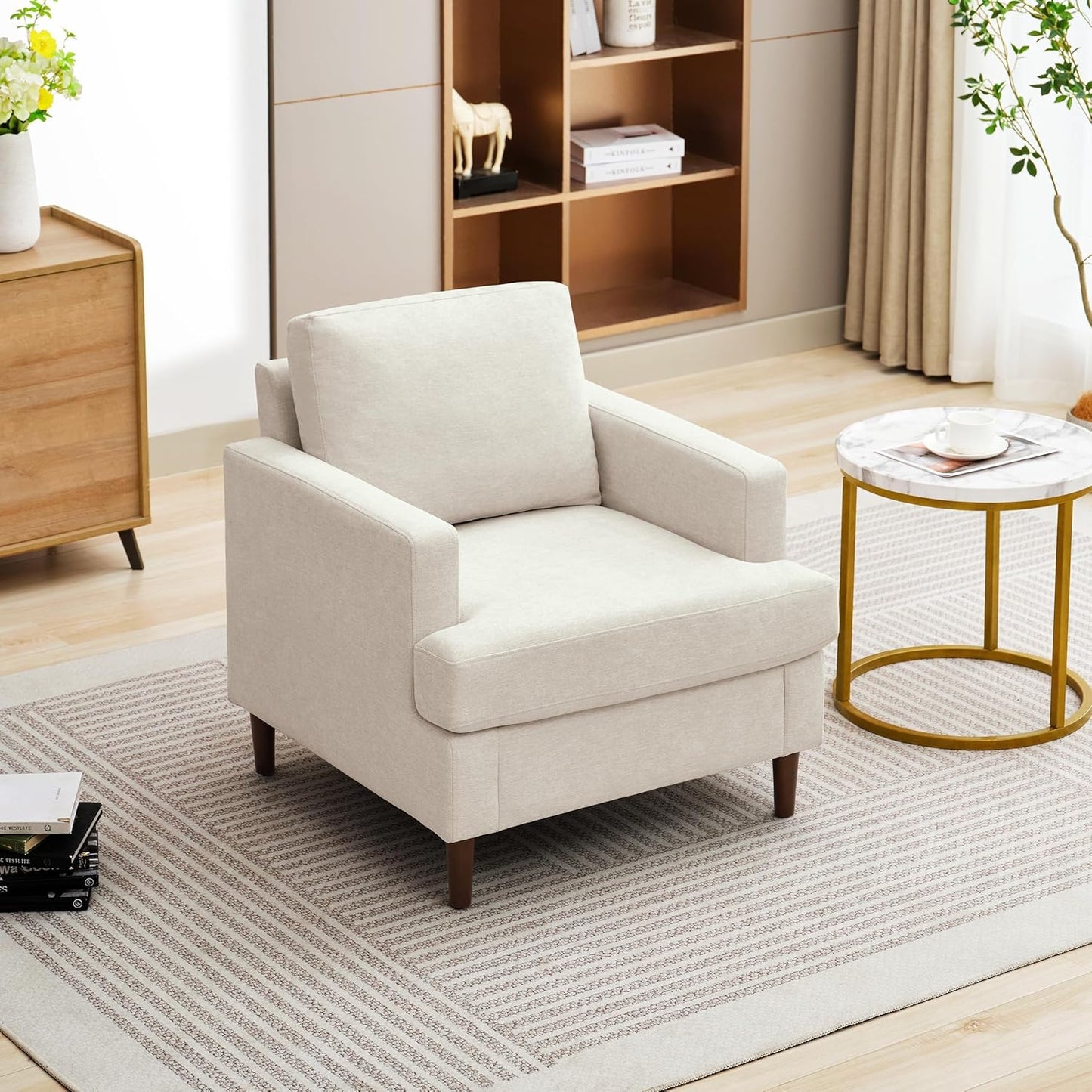 Mid-Century Accent Chair,Modern Linen Fabric Armchair for Living Room,Comfy Upholstered Reading Accent Chairs for Bedroom,Single Sofa Chair with Wood Legs (Beige, 1 Pack)