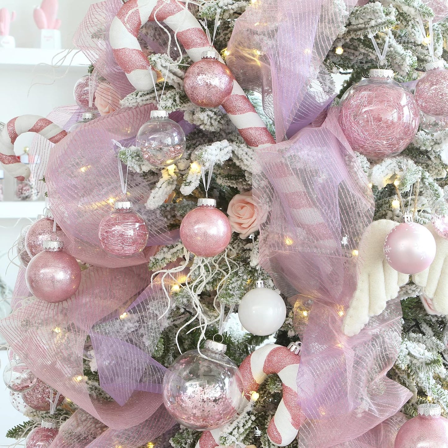 Sea Team Christmas Baubles Set of 48 Shatterproof Clear Plastic Christmas Baubles Multi-Size Decorative Baubles with Stuffed Delicate Decorations (48 Pieces, Pink)