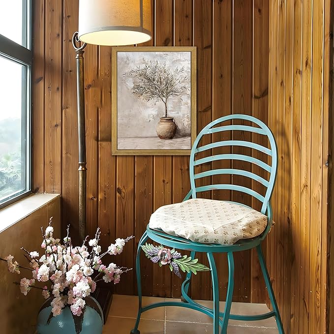 Vintage Olive Tree Canvas Wall Art, Farmhouse Aesthetic Oil Painting, Rustic Potted Plant Wall Decor, Neutral Botanical Print Artwork Picture for Living Room Kitchen Home Decor 8x10 Inch Framed