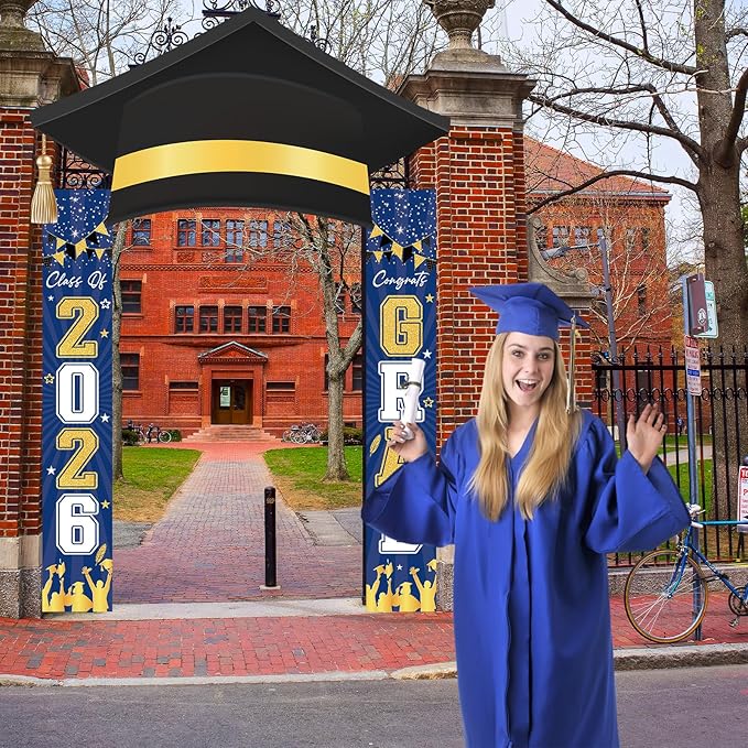 3Pcs Graduation Cap Door Banner 2026 Graduation Door Decoration Class of 2026 Porch Sign Congrat Grad Hanging Banner Decor Grad Party Indoor Outdoor Wall Decor Photo Prop Supplies Blue Gold