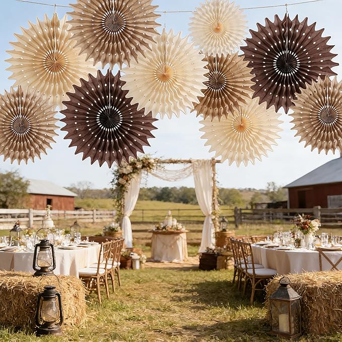 PAPER JAZZ 11 Pcs Brown Party Decorations Neutral Party Decorations Boho Themed Decoration for Western Party Honeycomb Paper Fans Rustic Baby Shower Birthday Wedding Graduation Party Supplies
