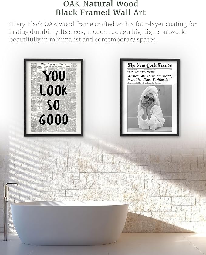 iHery Small Premium Natural Black OAK Wood 8x10in You Look So Good Trendy Inspirational Framed Wall Art, Vintage Girl Newspaper Canvas Motivational Wall Decor For Dorm Bedroom Living Room 1Pack