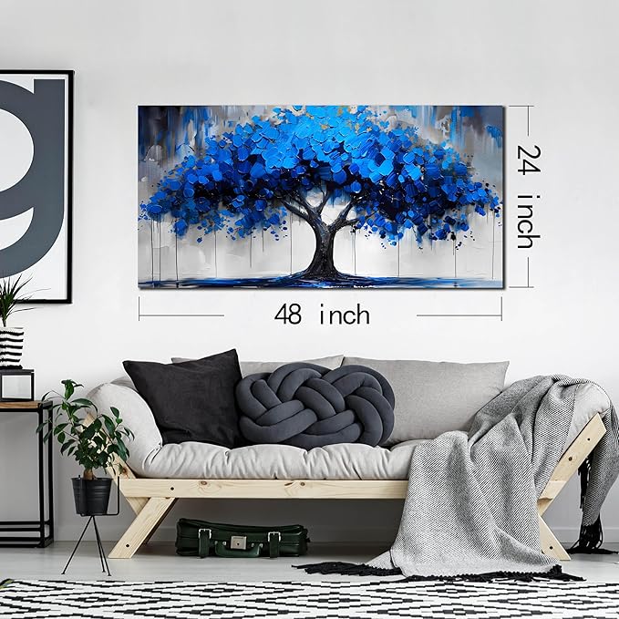 Blue Wall Art Large Tree of Life Wall Art for Living Room Bedroom Office Bathroom Modern Framed Canvas Prints Blue and Grey Picture Size 24x48