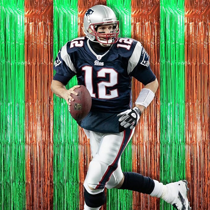 2 Pack Football Party Decorations, Green and Brown Foil Fringe Backdrop Curtains, Tinsel Streamers, Door Shimmer for Super Bowl or Birthday Party
