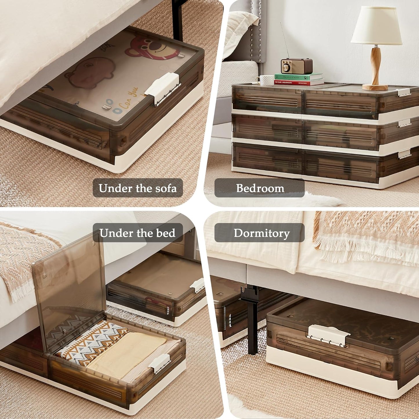 VECELO Under Bed Storage with Wheels, 2 Pack Stackable Under Bed Storage Containers, Underbed Storage Containers with Lids, Plastic Foldable Folding Box for Clothes Shoes, Grey