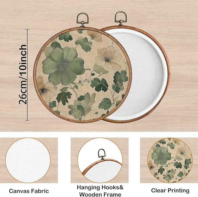 KSDUT Spring Floral Green Botanical Wall Decor Art - Flower Wall Art Canvas Frame Hanging Prints, Preppy Trendy Wildflower Round Wall Art Decor for Farmhouse Gallery Home Decorations 10"x10"