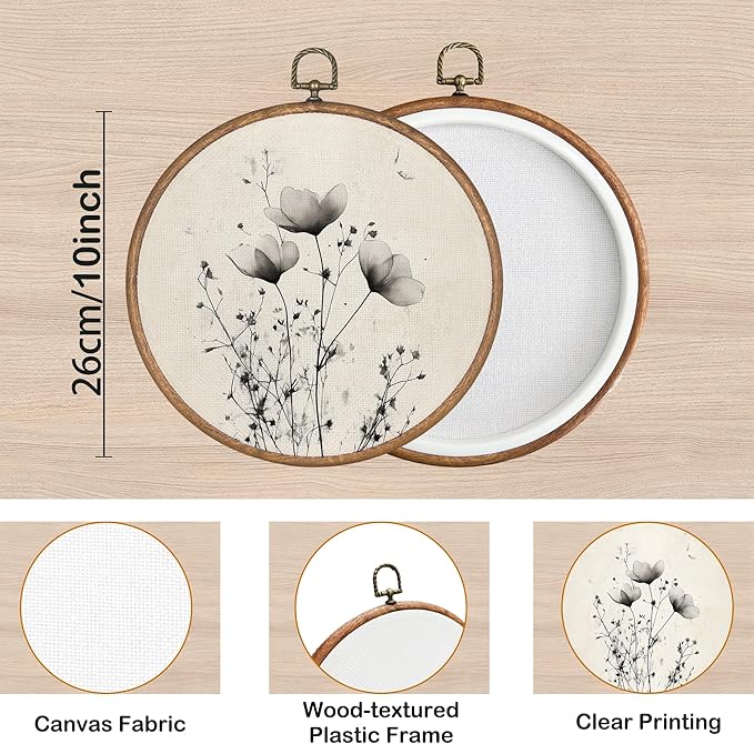 KSDUT Vintage Boho Mid Century Flower Floral Wall Decor Art - Black Botanical Neutral Wall Art Canvas Frame Hanging Prints, Retro Landscape Wildflower Round Wall Art Decor for Home Decorations 10"x10"