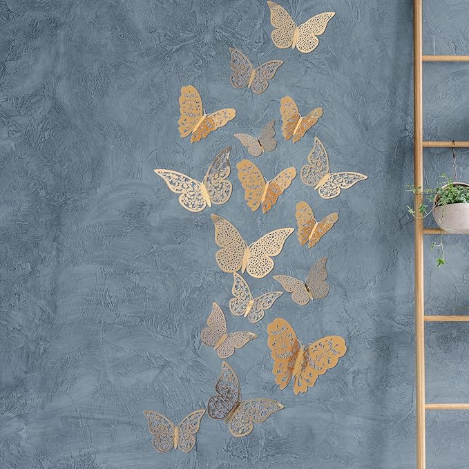 Bememo 72 Pieces 3D Butterfly Wall Decals Sticker Decal Wall Decor Art Decorative Sticker 3 Sizes for Room Offices Bedroom Bathroom Living Room Decor(Gold)
