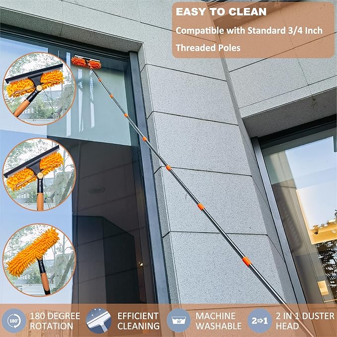 2 in 1 Window Washing Squeegee & Duster with 2 Pad Compatible with Standard 3/4 Inch Threaded Poles for Home Indoor Outdoor Window Washing/Duster Head Only (Orange)