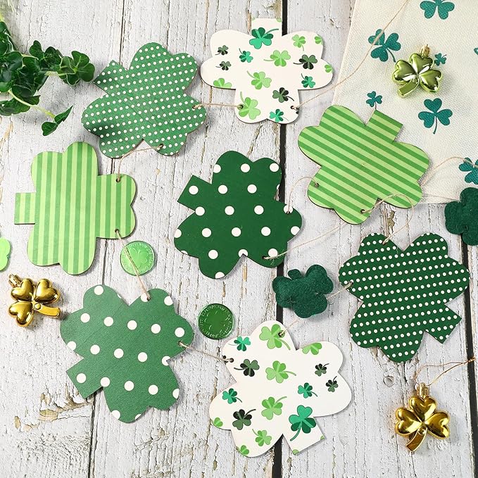 St Patricks Day Decorations-Wooden Shamrock Garland for St. Patrick's Day Decor-Reusable Lucky Green Banner Garland for Fireplace Mantel Walls Decor