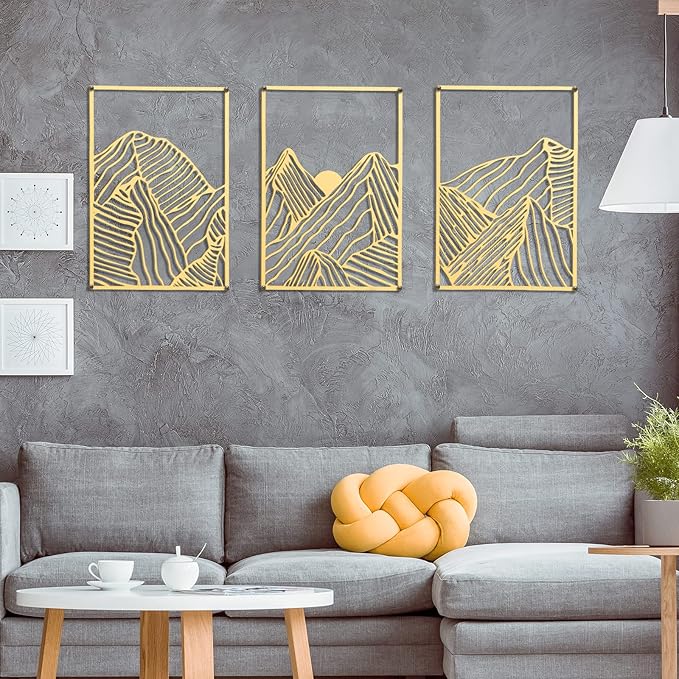 Peryiter 3 Pcs Metal Wall Art Decor Landscape Mountain Wall Hanging Decor for Living Room Abstract Minimalist Modern Mountain Line Pictures Bathroom Office Home Gifts Indoor(Gold)