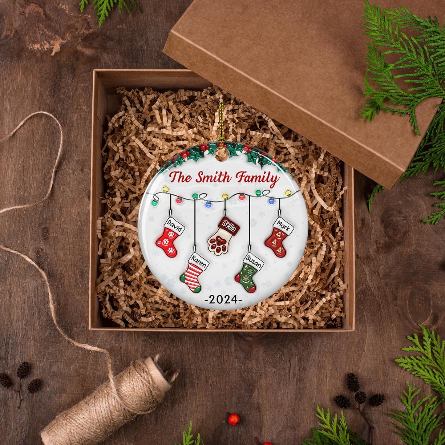 Stocking Personalized Family Christmas Ceramic Ornament 2025-3D Inflated Effect Custom Name Hanging Stock up to 10 Members, First Xmas as A Family Ornament Gifts (A04, 8 Names)