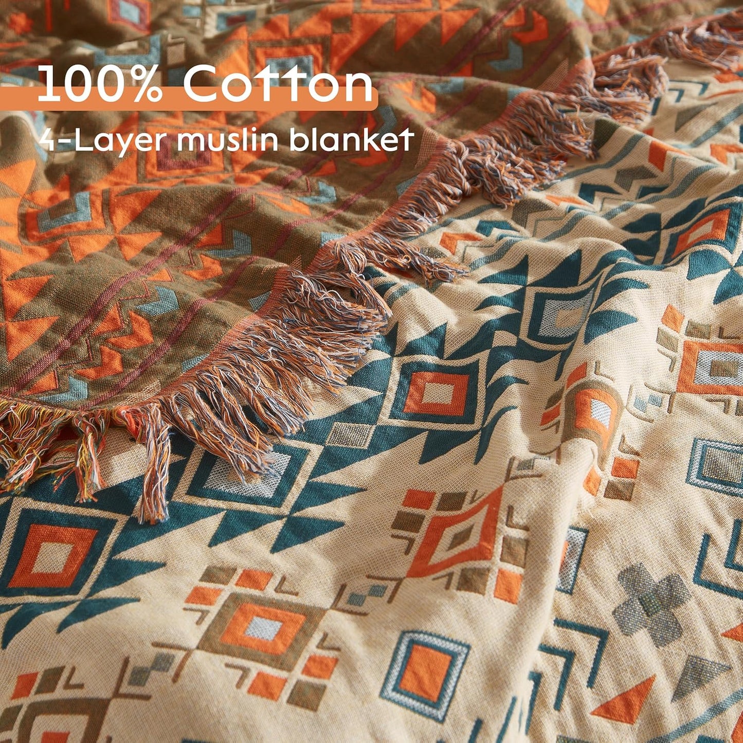Boho Throw Blanket for Bed 60”x80”, 100% Cotton Woven Blanket for Couch Sofa, Ultra Soft 4-Layer Muslin Quilt with Diamond Pattern, Farmhouse Bed Blanket/Cover for Living Room Decor