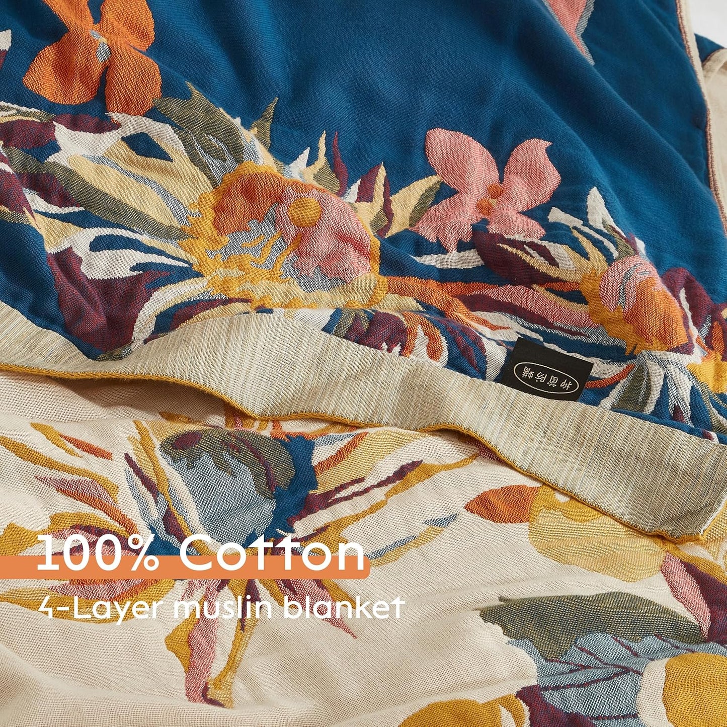 Boho Throw Blanket for Bed 90”x98”, 100% Cotton Woven Blanket for Couch Sofa, Ultra Soft 4-Layer Muslin Quilt with Vintage Floral Printed, Farmhouse Bed Blanket/Cover for Living Room Decor