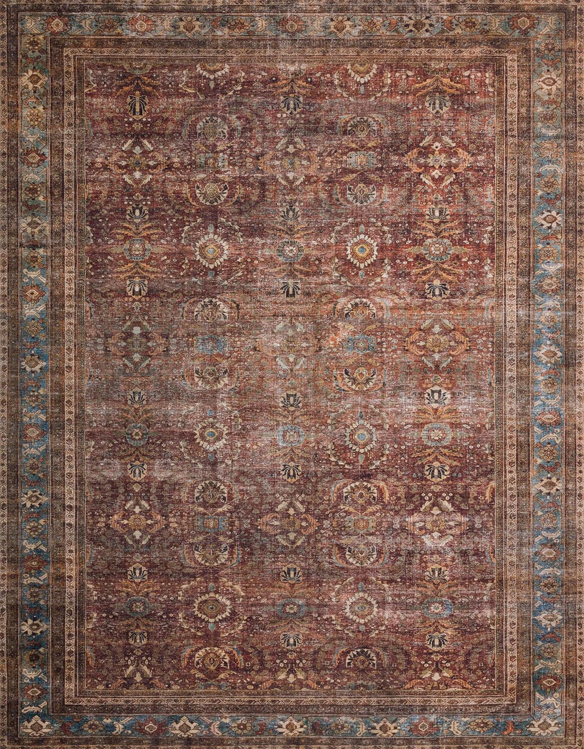 Loloi Layla Collection LAY-01 Brick/Blue 9'-0" x 12'-0" .13" Thick Area Rug, Soft, Durable, Vintage Inspired, Distressed, Low Pile, Non-Shedding, Easy Clean, Printed, Living Room Rug