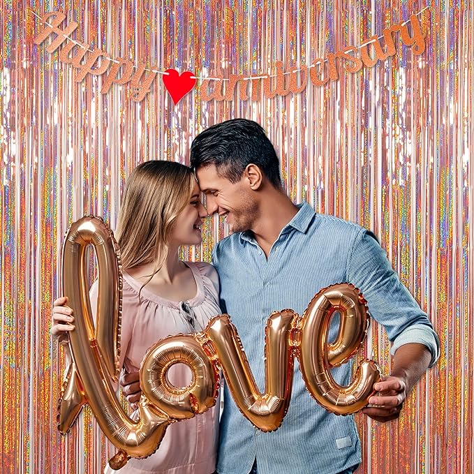 Foil Fringe Curtains Valentines Backdrop Party Decorations - Melsan 3 Pack 3.2 x 8.2 ft Tinsel Curtain Party Photo Backdrop for Birthday Party Baby Shower Rose Gold