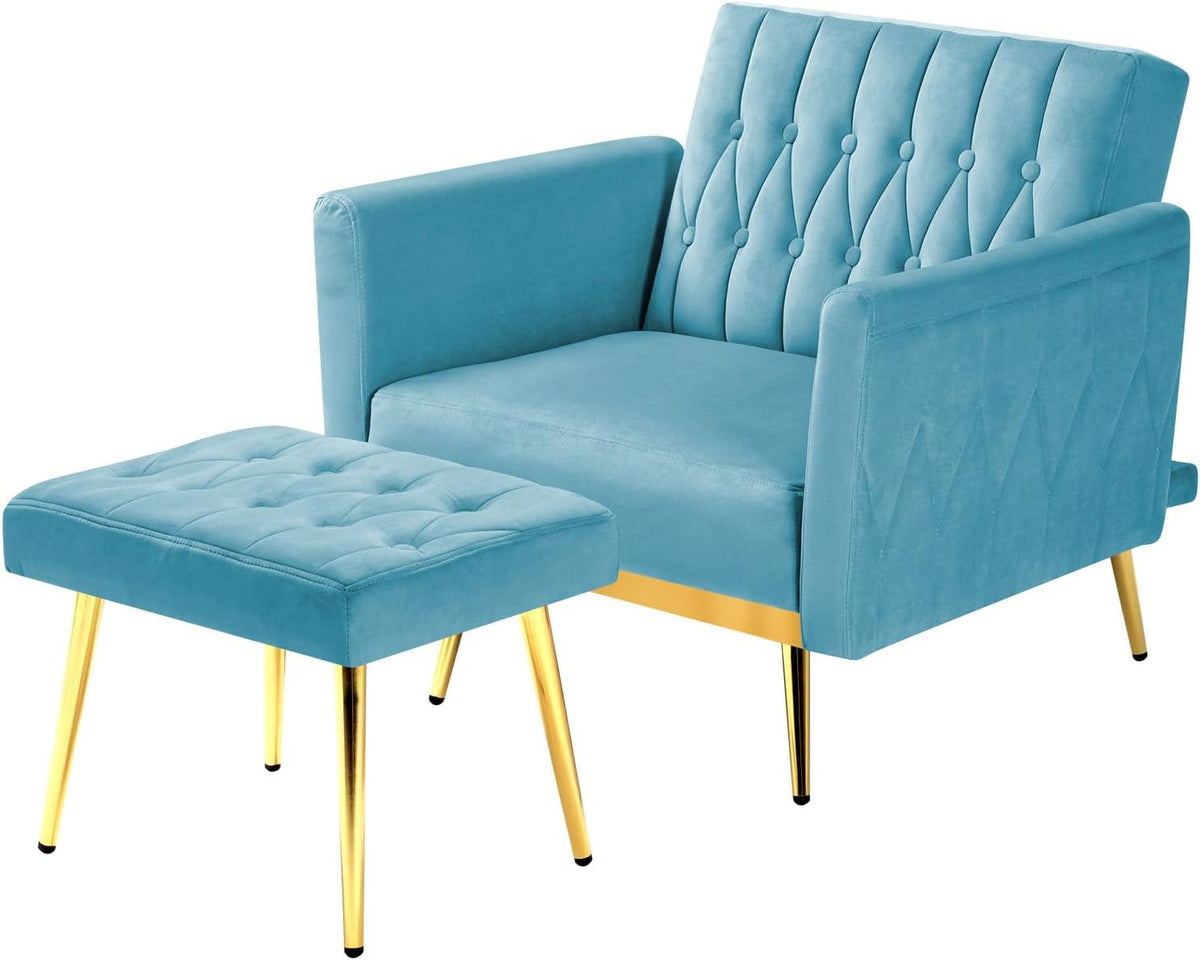 Velvet Accent Chair w/Ottoman & Adjustable Backrest, Baby Blue
