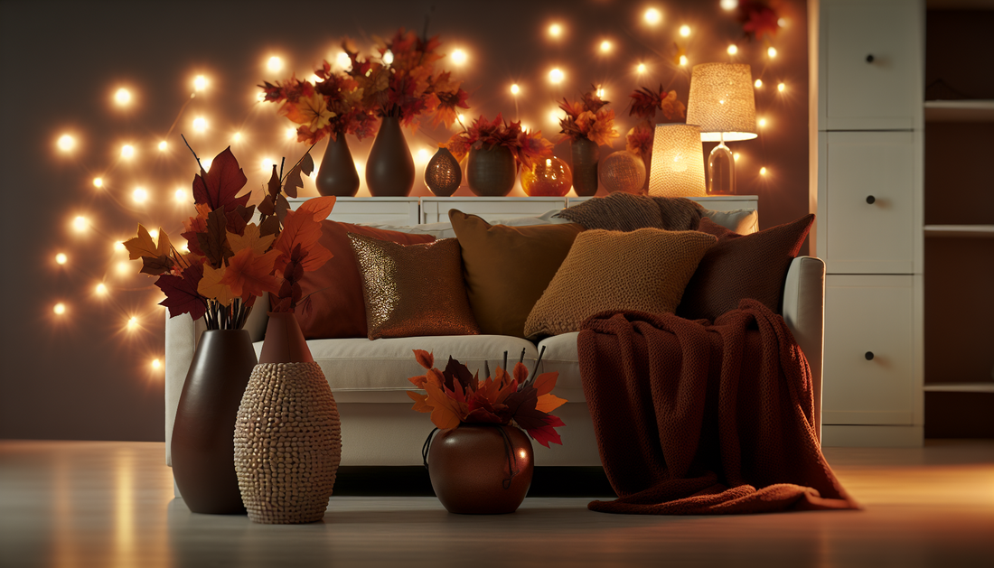Create a Cozy Atmosphere with Seasonal Lighting, Vases, and Throws