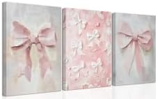 Pink Bow Canvas Wall Art Set of 3 Coquette Oil Painting Cute Bow Posters Wall Decor Trendy Preppy Print Picture for Back to School Bedroom Bathroom College Dorm 16x24 In Framed