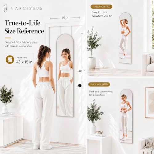 NARCISSUS Over the Door Full Length Mirror 47x14 Inch, Wall Mounted Dressing Mirror, Door Hanging Full Body Mirror HD Reflection Glass for Bedroom, Aluminum Alloy Frame Silver