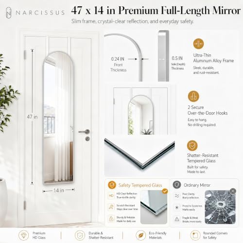 NARCISSUS Over the Door Full Length Mirror 47x14 Inch, Wall Mounted Dressing Mirror, Door Hanging Full Body Mirror HD Reflection Glass for Bedroom, Aluminum Alloy Frame Silver