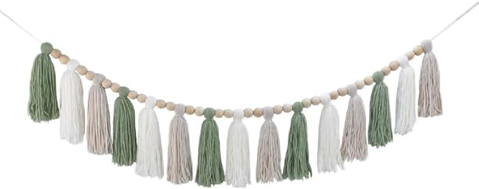 DrCor Sage Green & White Boho Tassel Garland – Handmade Yarn Banner for Nursery, Girls Bedroom, Baby Shower, Wedding Backdrop, Classroom Bulletin Board or Cozy Home Wall Decor