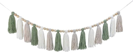 DrCor Sage Green & White Boho Tassel Garland – Handmade Yarn Banner for Nursery, Girls Bedroom, Baby Shower, Wedding Backdrop, Classroom Bulletin Board or Cozy Home Wall Decor