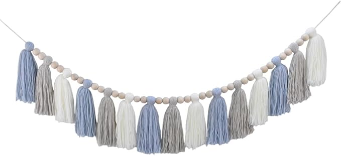 DrCor Blue and White Tassel Garland – Handmade Coastal Boho Wall Hanging for Nursery, Boys Room, Beach Theme Party, Baby Shower & Classroom Decoration
