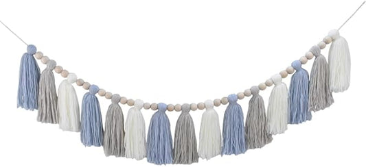 DrCor Blue and White Tassel Garland – Handmade Coastal Boho Wall Hanging for Nursery, Boys Room, Beach Theme Party, Baby Shower & Classroom Decoration