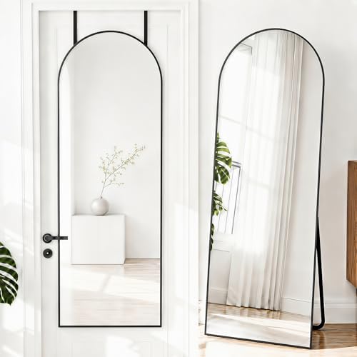 NARCISSUS Full Length Mirror 57x20 Inch, Over The Door Mirror with Stand, Wall Mounted or Freestanding/Door Hanging Full Body, Aluminum Alloy Frame, Black