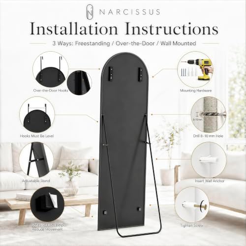 NARCISSUS Full Length Mirror 57x20 Inch, Over The Door Mirror with Stand, Wall Mounted or Freestanding/Door Hanging Full Body, Aluminum Alloy Frame, Black