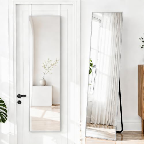 NARCISSUS Full Length Mirror 57x16 Inch, Over The Door Mirror with Stand, Wall Mounted or Freestanding/Door Hanging Full Body, Aluminum Alloy Frame, Silver