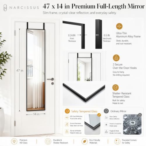 NARCISSUS Over the Door Full Length Mirror 47x14 Inch, Wall Mounted Dressing Mirror, Door Hanging Full Body Mirror HD Reflection Glass for Bedroom, Aluminum Alloy Frame Black