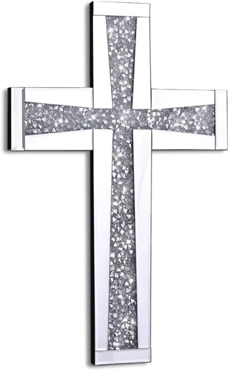 Aeveco Silver Cross Mirror for Wall Decoration 20×13 Inch, Crystal Crush Diamond Mirrored Cross for Living Room, Bedroom, Home Décor