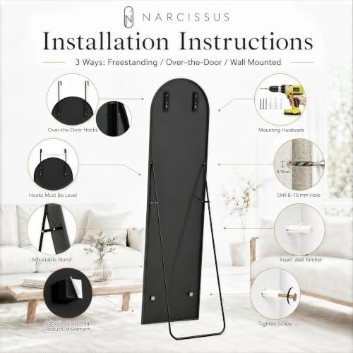 NARCISSUS Full Length Mirror 57x16 Inch, Over The Door Mirror with Stand, Wall Mounted or Freestanding/Door Hanging Full Body, Aluminum Alloy Frame, Black
