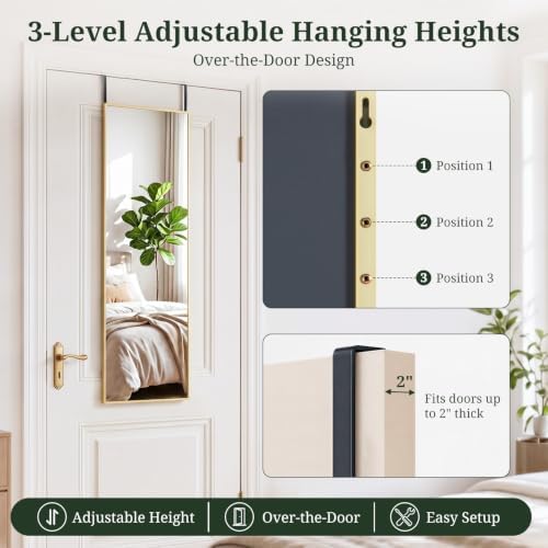 47"x14" Mirror Full Length, Wall Mounted/Over the Door, Gold