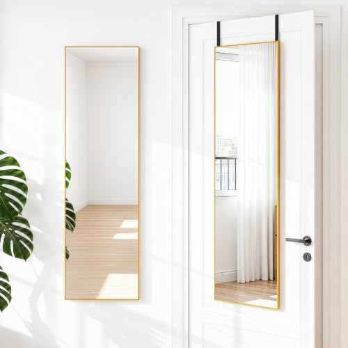 NARCISSUS Over the Door Full Length Mirror 47x14 Inch, Wall Mounted Dressing Mirror, Door Hanging Full Body Mirror HD Reflection Glass for Bedroom, Aluminum Alloy Frame Gold