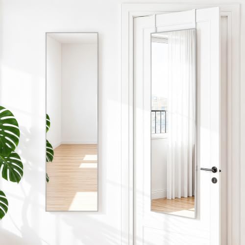 NARCISSUS Over the Door Full Length Mirror 47x14 Inch, Wall Mounted Dressing Mirror, Door Hanging Full Body Mirror HD Reflection Glass for Bedroom, Aluminum Alloy Frame Silver