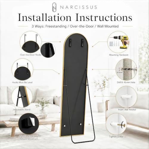 NARCISSUS Full Length Mirror 57x16 Inch, Over The Door Mirror with Stand, Wall Mounted or Freestanding/Door Hanging Full Body, Aluminum Alloy Frame, Gold