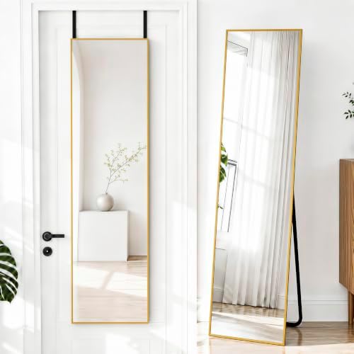 NARCISSUS Full Length Mirror 57x16 Inch, Over The Door Mirror with Stand, Wall Mounted or Freestanding/Door Hanging Full Body, Aluminum Alloy Frame, Gold
